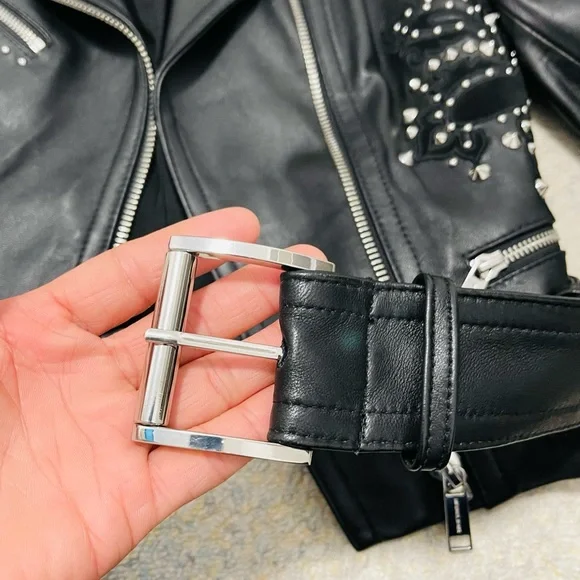 Like New MICHAEL Michael Kors Studdded Belt Biker Jacket 100% Real Lamb Leather - Picture 10 of 14